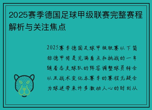 2025赛季德国足球甲级联赛完整赛程解析与关注焦点