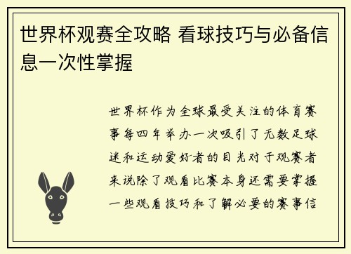 世界杯观赛全攻略 看球技巧与必备信息一次性掌握
